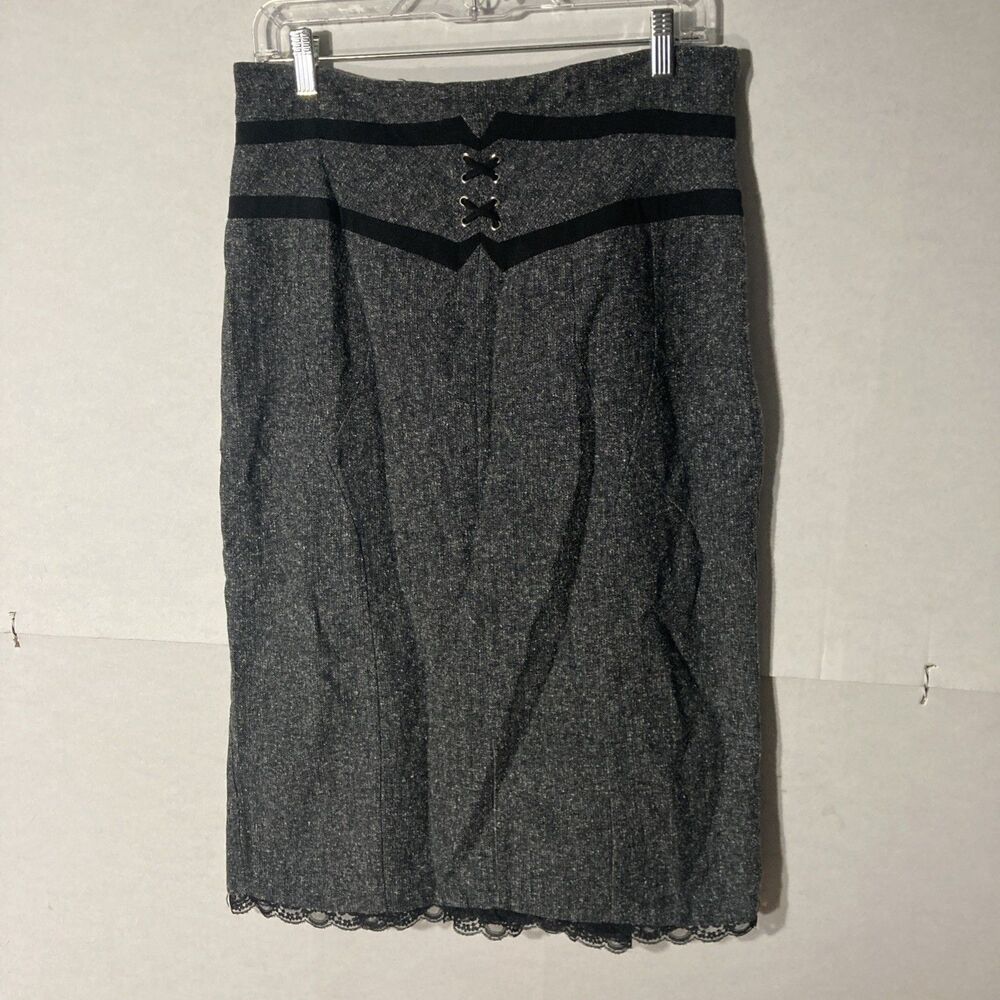 WORTHINGTON gray tweed black lace trim straight midi skirt 12